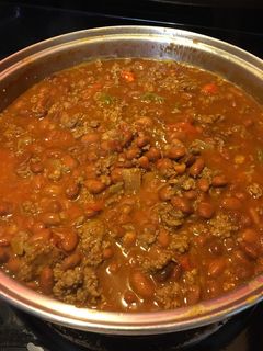 A picture of Ranch style beans w/seasoned beef.