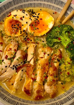 A picture of Miso Ramen with Crispy Chicken.