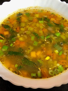 A picture of Minestrone soup with quinoa.