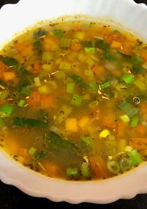 A picture of Minestrone soup with quinoa.