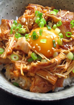 A picture of Gochujang Pork & Enoki Rice Bowl.