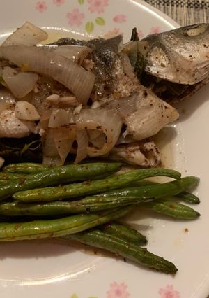 A picture of Oven baked lemony sea bass.