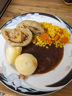 A picture of Vegetarian suet, bacon and onion Roly Poly.