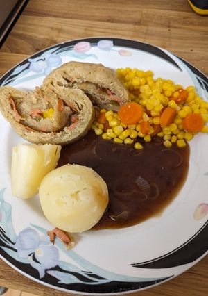 A picture of Vegetarian suet, bacon and onion Roly Poly.