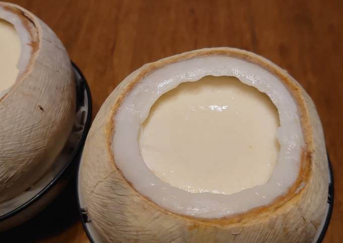 Steamed milk pudding in white coconut shell