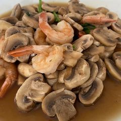A picture of Stir fried Button Mushrooms with Prawns.