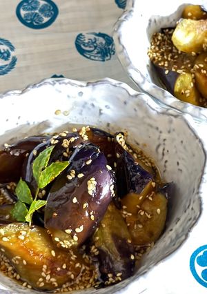 A picture of Japanese Fried Eggplant in soy sauce.