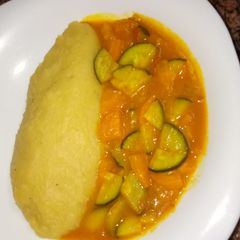 A picture of Sweet and sour mashed bananas and zucchini, carrots curry#easter.