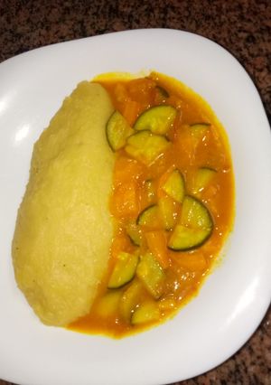 A picture of Sweet and sour mashed bananas and zucchini, carrots curry#easter.