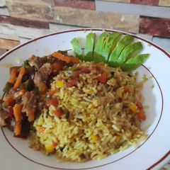 Vegetable rice and beef stew A picture of Vegetable rice and beef stew.