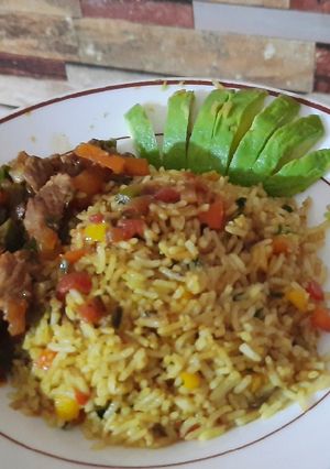 A picture of Vegetable rice and beef stew.