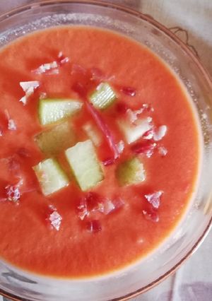 A picture of Galia Melon Gazpacho with Ham 🍈🍅.