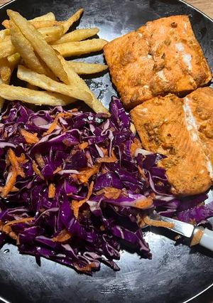 A picture of Baked salmon with chilli lime slaw.
