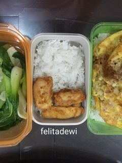 Foto resep Bekal Sekolah/Kantor: Tumis Pakchoy, Ayam Tepung, Tuna Omelette
