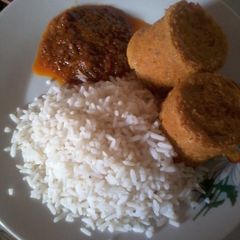 White Rice, Moi moi and Carrot Stew A picture of White Rice, Moi moi and Carrot Stew.