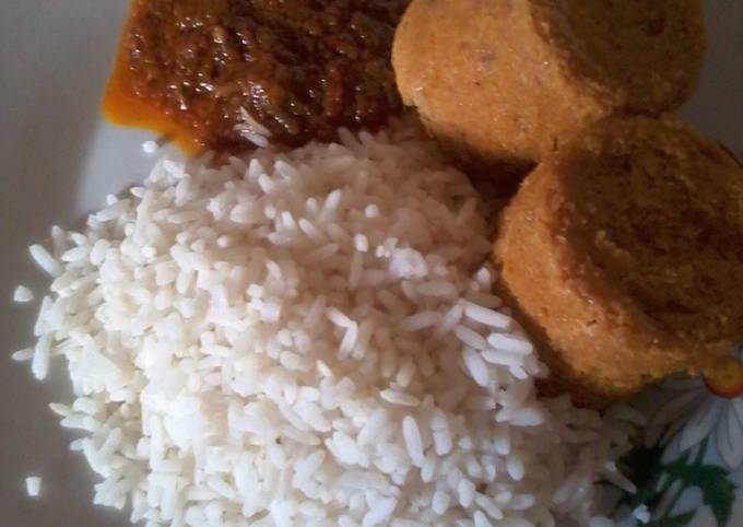 White Rice, Moi moi and Carrot Stew