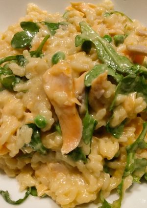 A picture of Salmon, pea and arugula risotto.