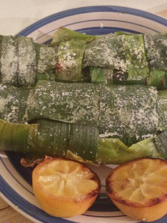 A picture of Salt cured, leek wrapped trout, stuffed with couscous pilaf.