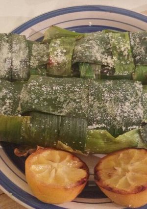 A picture of Salt cured, leek wrapped trout, stuffed with couscous pilaf.
