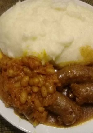 A picture of Wors stew with chakalaka.