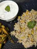 Chana Dal khichdi with boondi ratia and aloo bhindi