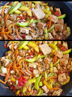 Una foto de Tofu, con vegetales salteados y con hierbas aromáticas #Mercado