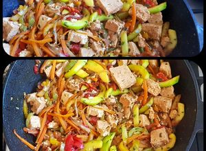 Una foto de Tofu, con vegetales salteados y con hierbas aromáticas #Mercado