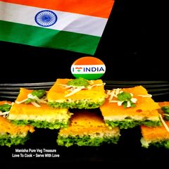A picture of Tricolor Semolina Dhokla - Tiranga Rava / Sooji Dhokla - Independence Day Special.