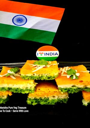 A picture of Tricolor Semolina Dhokla - Tiranga Rava / Sooji Dhokla - Independence Day Special.