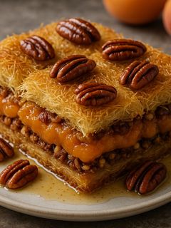 Una foto de Baklava de Kadaïf con albaricoques frescos y nueces pecanas