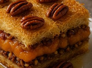 Foto principal de Baklava de Kadaïf con albaricoques frescos y nueces pecanas