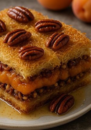 Una foto de Baklava de Kadaïf con albaricoques frescos y nueces pecanas