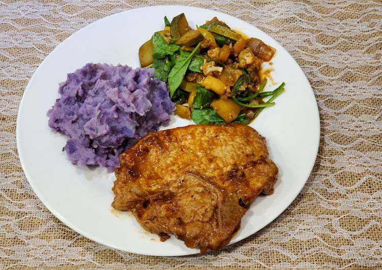 Chipotle Pork Chops w/ Garlic Purple Potatoes and Veggie Medley