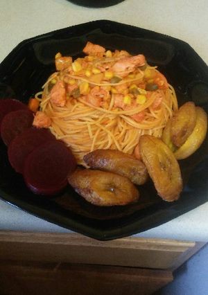 Una foto de Spachetti convegetales Y pechuga de pollo