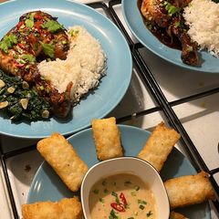 Honey-Soy Garlic Chicken, Stir-Fried Garlic Spinach and Fried Rice Cakes with Spicy Soy Mayonnaise A picture of Honey-Soy Garlic Chicken, Stir-Fried Garlic Spinach and Fried Rice Cakes with Spicy Soy Mayonnaise.