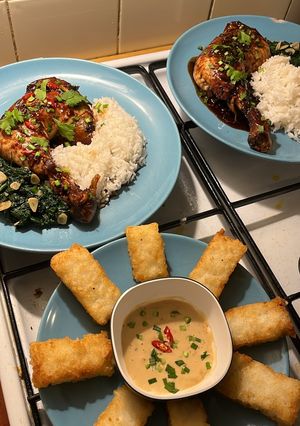 A picture of Honey-Soy Garlic Chicken, Stir-Fried Garlic Spinach and Fried Rice Cakes with Spicy Soy Mayonnaise.