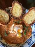 California Farm Shakshouka Poached Egg Dish in Gazpacho Sauce