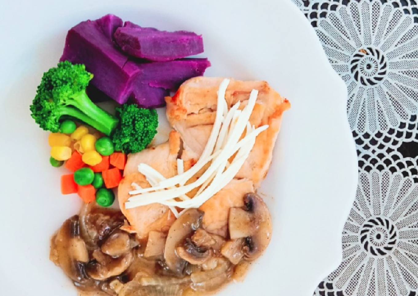 Chicken mushroom steak with sweet potato