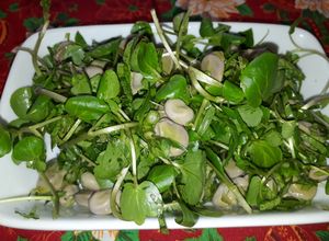 Una foto de Ensalada de habas, berros y hojas de apio