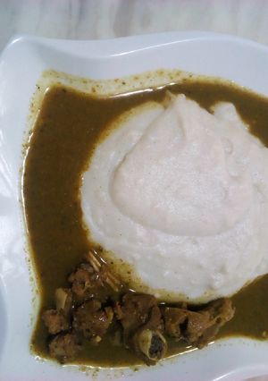 A picture of Tuwon masara and dried okra soup.