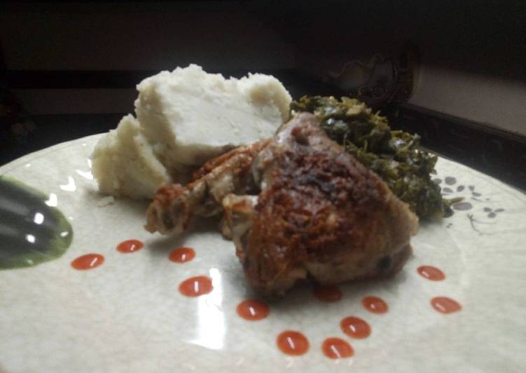 Steps to Prepare Quick Fry chicken with greens accompanied by ugali
