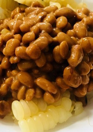 Hình của món Nattou nhà làm, bắp nếp nhà luộc cho bữa sáng.
