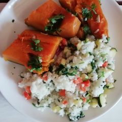 A picture of Pumkin served with vegetable rice.