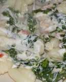Ñoquis con puerros y jamón crudo