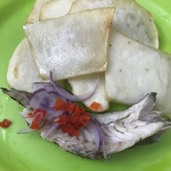 A picture of Seasoned fried yam and smoke fish.