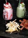 Strawberry float, Matcha float, fried potatoes and sausages