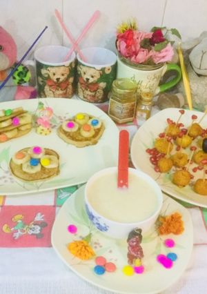 A picture of Fluffy Bananas Pancakes Energy Balls Apple blended Porridge.