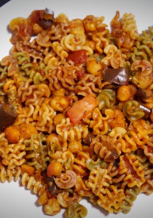 A picture of Baked Chickpeas-Eggplant Pasta Salad.