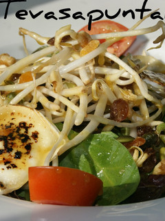 Una foto de Ensalada de brotes y queso de cabra caramelizado