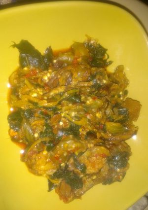 A picture of Garden egg sauce with sprinkles of ugwu leaves.